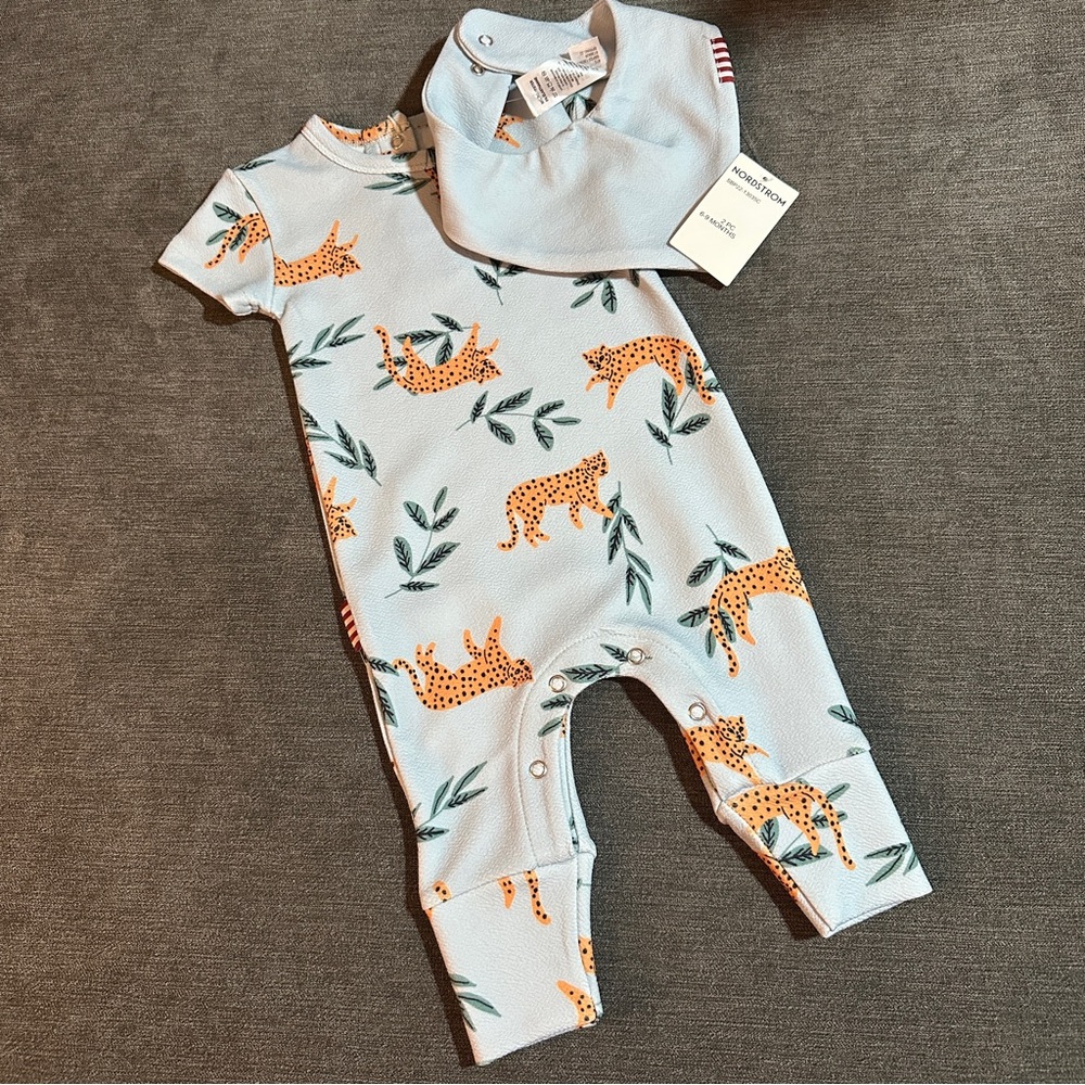 SOOKIBaby One Piece romper Cheetah Print and bandana bib Blue size 6-9 months